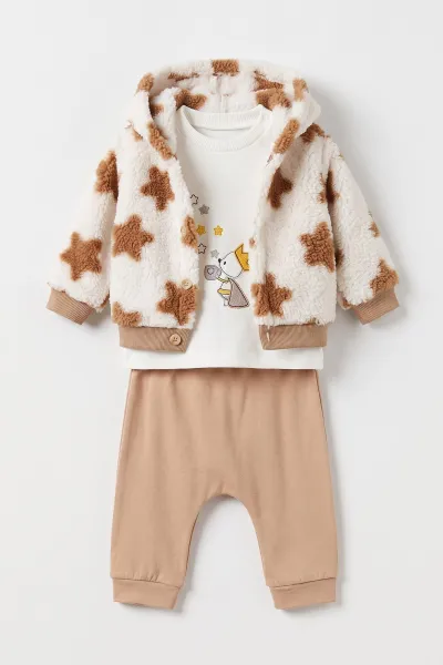 Bisküvi (6-12 Ay) Nakışlı Pelüş Ceketli Pantolon Sweatshirt 3'lü Kız Bebek Takım 495565