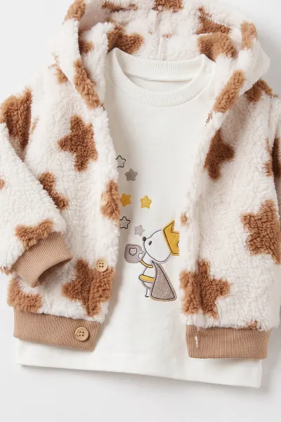 Bisküvi (6-12 Ay) Nakışlı Pelüş Ceketli Pantolon Sweatshirt 3'lü Kız Bebek Takım 495565