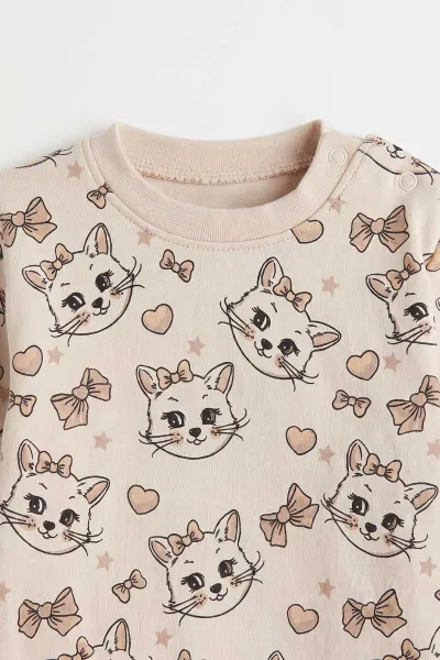 Bisküvi (6-18 Ay) Kedi Baskılı İkili Kız Bebek Penye Takım 474948