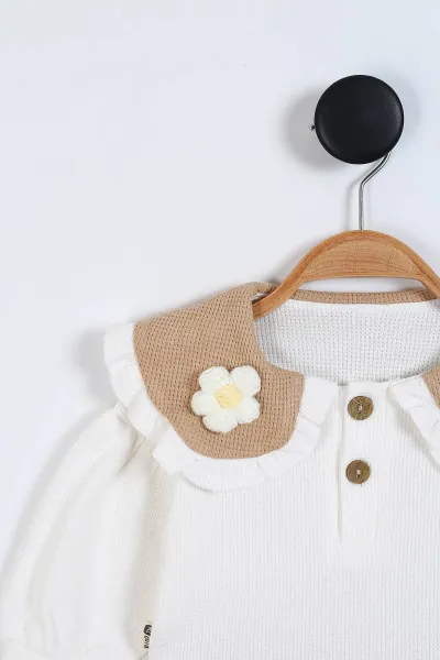 Bisküvi (6-24 Ay) Waffle Kumaş Yaka Papatya Figürlü Bandana  Figürlü Kız Bebek Takım 339623