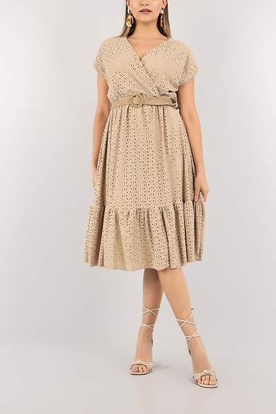 Bisküvi Astarlı Fisto Tasarım Kemerli Elbise 104347
