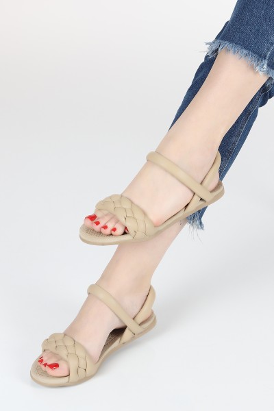 Bisküvi Bantlı Örgü Tasarım Düz Taban Kadın Sandalet 110569