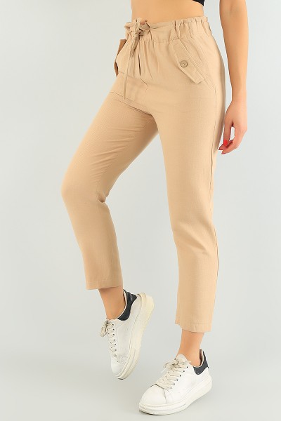 Bisküvi Beli Lastikli Bayan İnce Gabardin Pantolon 75083