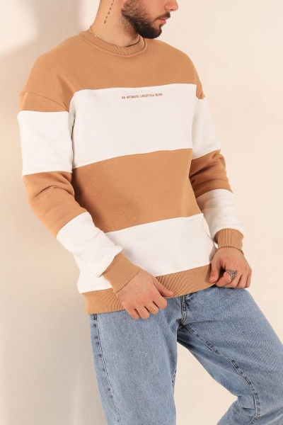 Bisküvi Beyaz Oversize Üç İp Şardonlu Kabartma Yazılı Erkek Sweatshirt 225867