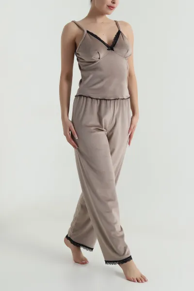 Bisküvi Dantelli Kadife Kadın Pijama Takımı 487758