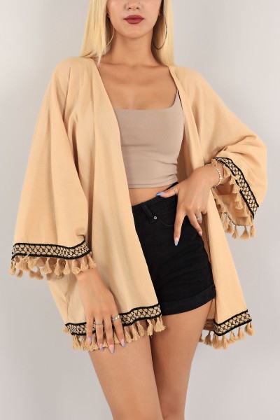 Bisküvi Dantelli Keten Kimono Hırka 124767