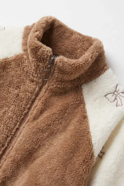Bisküvi Ekru (7-12 Yaş) Kolu Garnili Fiyonk Nakışlı Kız Çocuk Peluş Hırka 488998
