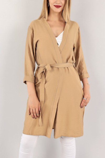 Bisküvi Kemerli Keten Kimono Hırka 116410