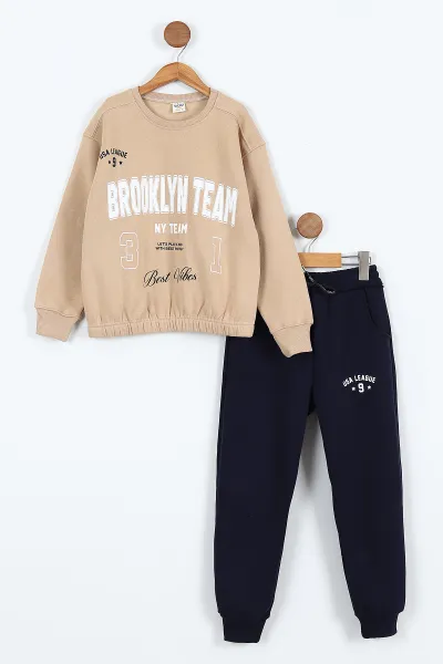 Bisküvi Lacivert (9-12 Yaş) Brooklyn Team Baskılı Belden Lastikli 3 İp Şardonlu Kız Çocuk Kışlık Takım 405086