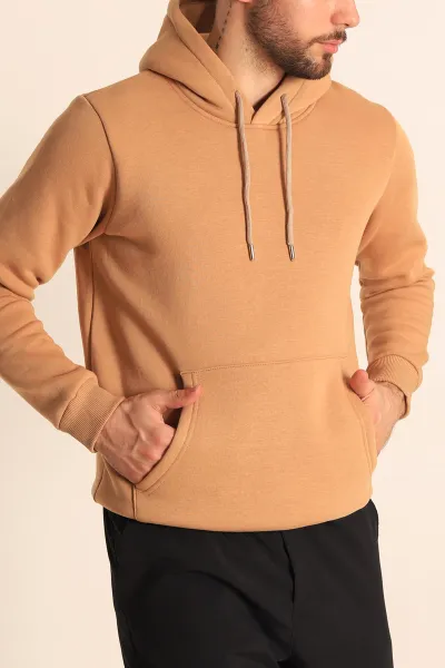 Bisküvi Oversize Üç İp Şardonlu Basic Kapüşonlu Erkek Sweatshirt 228387