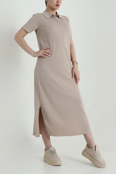 Bisküvi Polo Yaka Bürümcük Kadın Elbise 458680