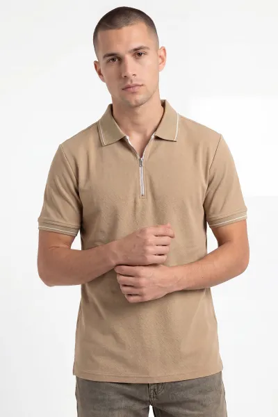 Bisküvi Polo Yaka Yarım Fermuarlı Erkek Tişört 458865
