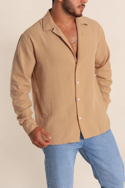 Bisküvi Relaxed Fit Bambu Keten Apaş Yaka Erkek Gömlek 285487