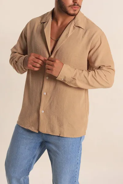 Bisküvi Relaxed Fit Bambu Keten Apaş Yaka Erkek Gömlek 285487