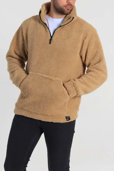 Bisküvi Relaxed Fit Yarım Fermuarlı Cep Detaylı Peluş Kanguru Sweatshirt 330108