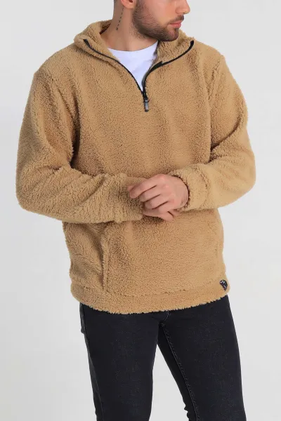 Bisküvi Relaxed Fit Yarım Fermuarlı Cep Detaylı Peluş Kanguru Sweatshirt 330108
