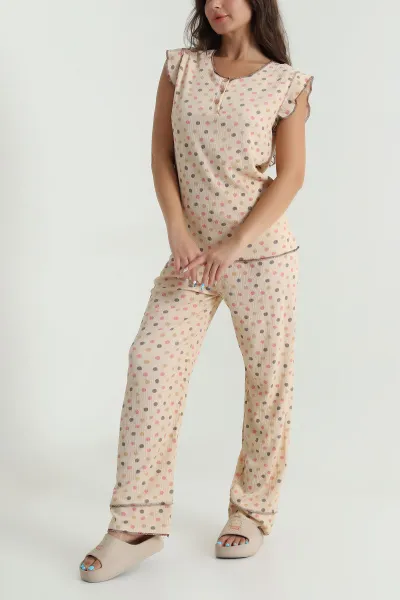 Bisküvi Yaka Düğmeli Bürümcük Kadın Pijama Takımı 479566