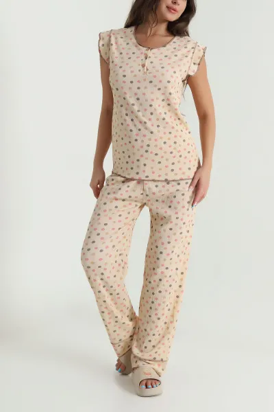 Bisküvi Yaka Düğmeli Bürümcük Kadın Pijama Takımı 479566