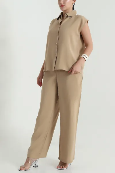Bisküvi Yaka İncili Tencel Kadın İkili Takım 475222