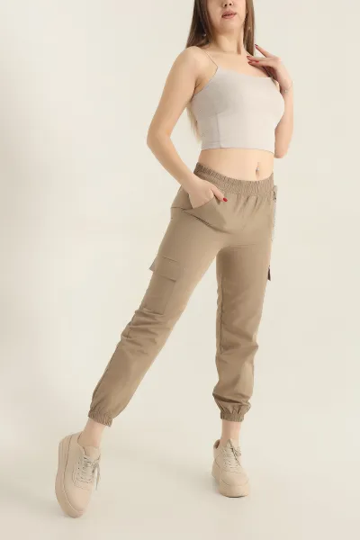 Bisküvi Zincirli Kargo Cep Bayan Jogger Keten Pantolon 337687