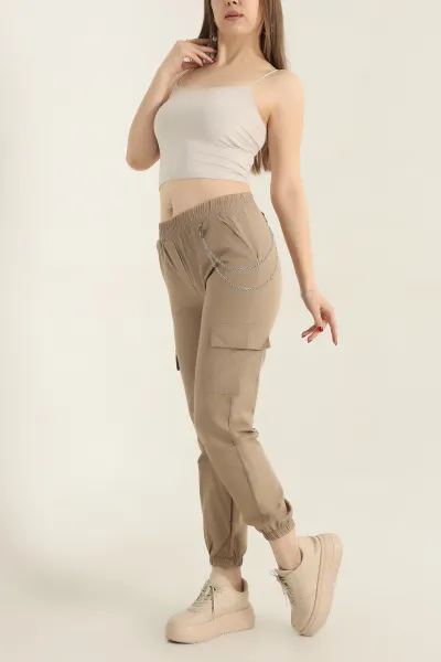 Bisküvi Zincirli Kargo Cep Bayan Jogger Keten Pantolon 337687