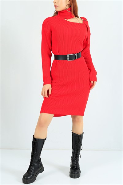 Boğazlı Kırmızı Tasarım Triko Elbise 24684B