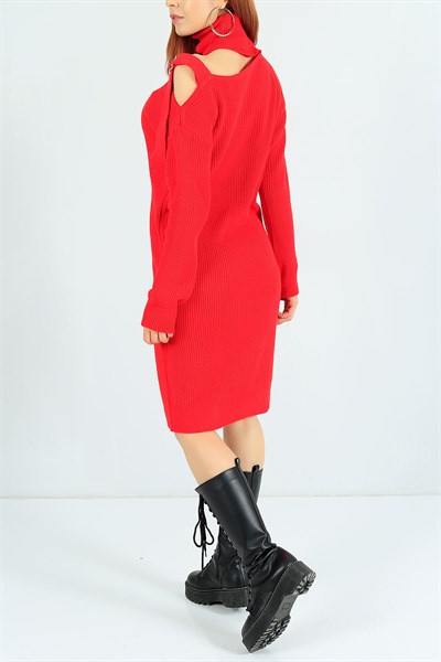 Boğazlı Kırmızı Tasarım Triko Elbise 24684B