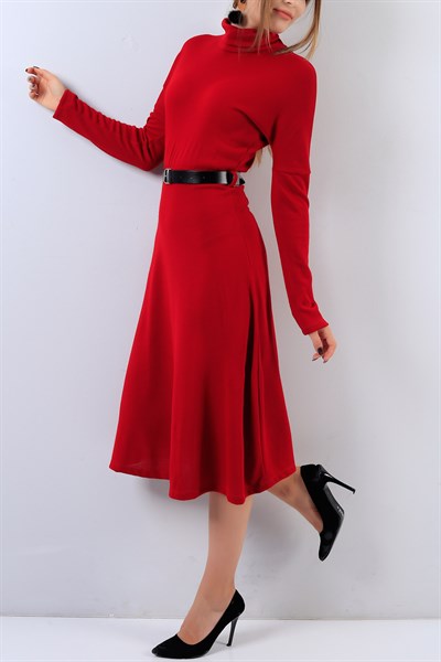 Boğazlı Kırmızı Triko Elbise 19068B