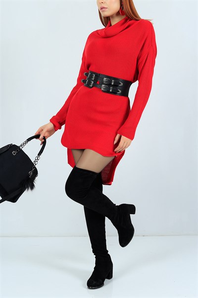 Boğazlı Kırmızı Triko Tunik 24212B