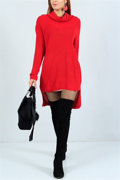 Boğazlı Kırmızı Triko Tunik 24212B
