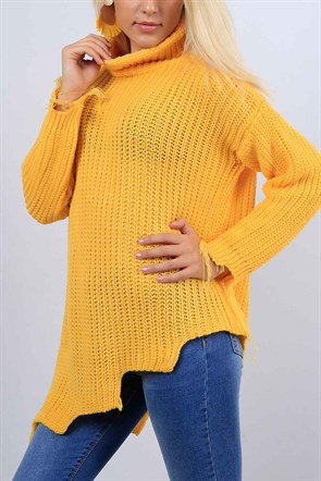 Boğazlı Sarı Asitmetrik Kesim Bayan Kazak 10537B