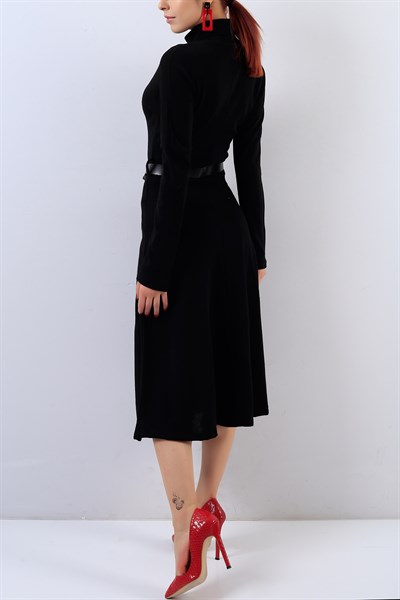 Boğazlı Siyah Triko Elbise 19067B