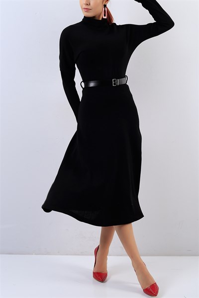 Boğazlı Siyah Triko Elbise 19067B