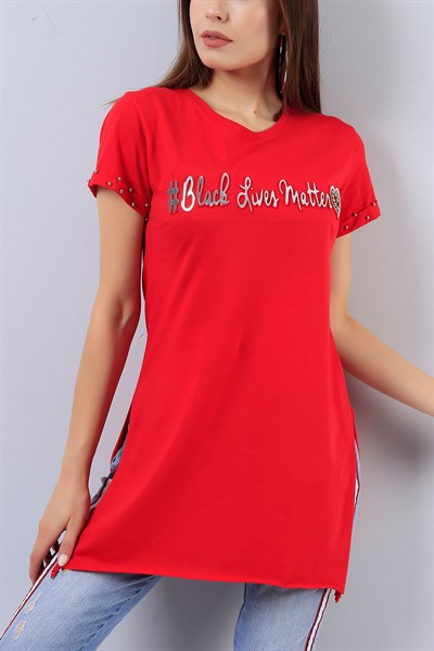 Boncuk İşlemeli Kırmızı Bayan Tişört 15484B