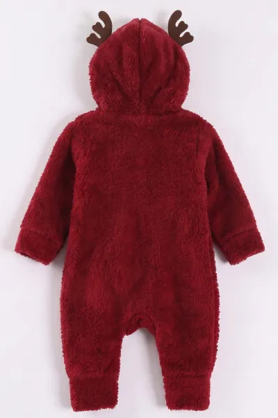 Bordo (0-12 Ay) Geyik Nakışlı Kapüşonlu Peluş Kız Bebek Tulum 494421