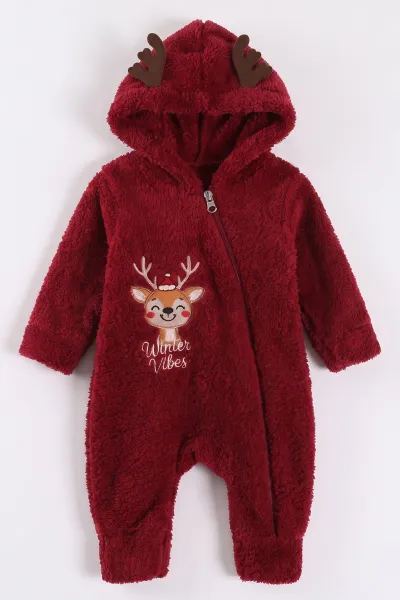 Bordo (0-12 Ay) Geyik Nakışlı Kapüşonlu Peluş Kız Bebek Tulum 494421