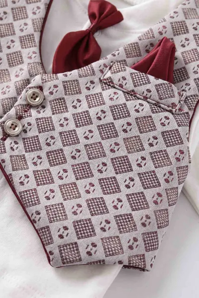 Bordo (0-3 Ay )Kare Desenli Papyonlu Patikli  6 Parça  Erkek Bebek Sünnetlik& Mevlütlük  Takım 475557