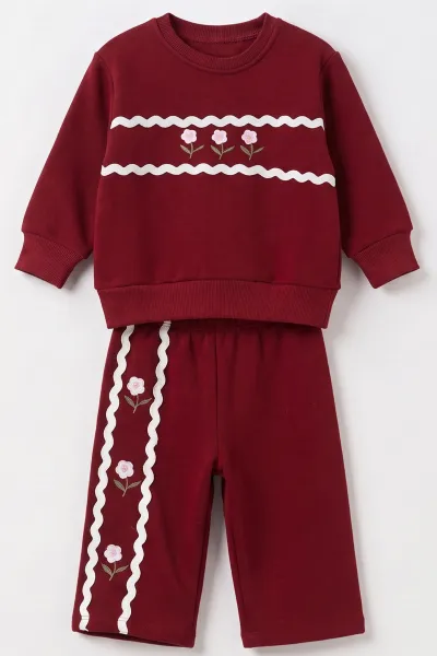 Bordo (1-4 Yaş) 3 Çiçek Nakışlı Şeritli 3 İp Şardonlu Kız Çocuk&Bebek Kışlık Takım 495014