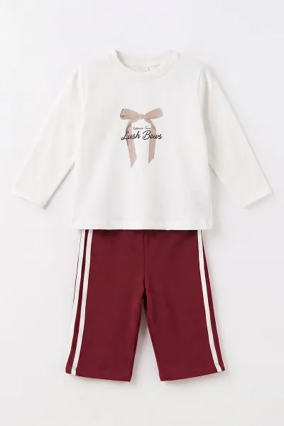 Bordo (1-4 Yaş) Fiyonk Baskılı  Badili Bow Girl  Nakışlı Ceketli Alt Şardonlu   Kız Çocuk&Bebek 3'lü Takım 495282