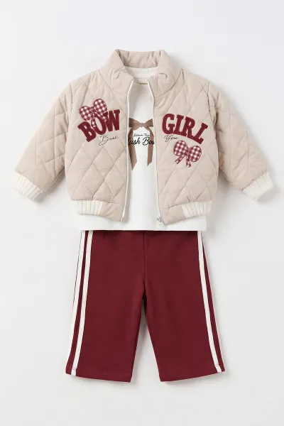 Bordo (1-4 Yaş) Fiyonk Baskılı  Badili Bow Girl  Nakışlı Ceketli Alt Şardonlu   Kız Çocuk&Bebek 3'lü Takım 495282