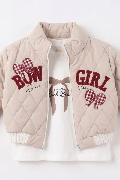 Bordo (1-4 Yaş) Fiyonk Baskılı  Badili Bow Girl  Nakışlı Ceketli Alt Şardonlu   Kız Çocuk&Bebek 3'lü Takım 495282