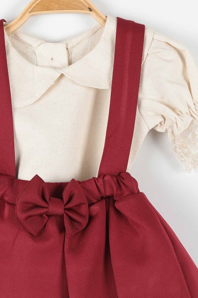 Bordo (1-4 Yaş) Fiyonklu Yaka Detaylı Kolu Dantelli Kız Çocuk Takım 175788