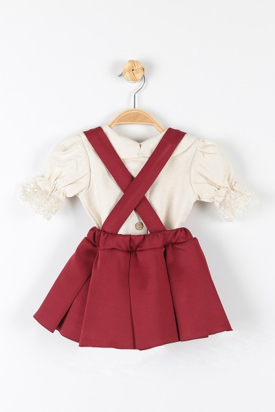 Bordo (1-4 Yaş) Fiyonklu Yaka Detaylı Kolu Dantelli Kız Çocuk Takım 175788