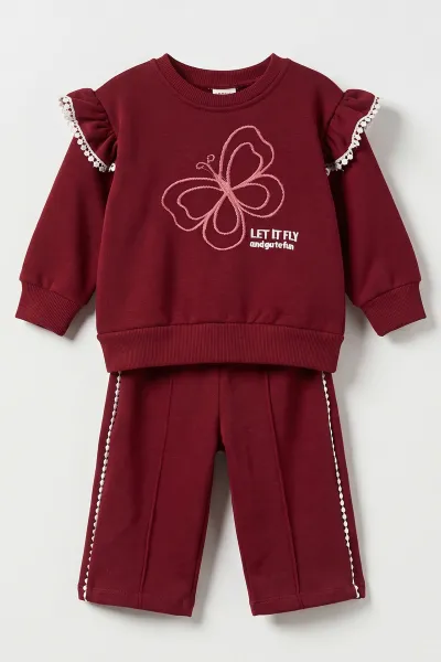 Bordo (1-4 Yaş)Kelebek Nakışlı Kolları Fırfırlı  3 İp Şardonlu Kız Çocuk&Bebek Kışlık Takım 489399