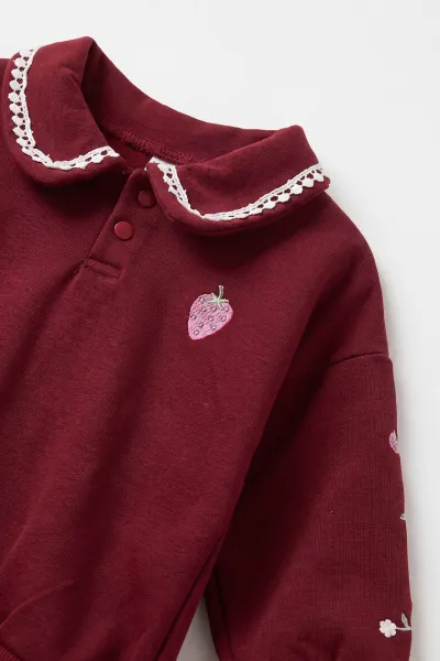 Bordo (1-4 Yaş)Kolları Çiçek Nakışlı   Gömlek Yaka 3 İp Şardonlu Kız Çocuk&Bebek Kışlık Takım 489414