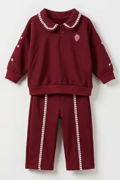 Bordo (1-4 Yaş)Kolları Çiçek Nakışlı   Gömlek Yaka 3 İp Şardonlu Kız Çocuk&Bebek Kışlık Takım 489414