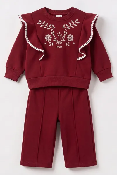 Bordo (1-4 Yaş)Önü Fırfır Yaka Nakışlı     3 İp Şardonlu Kız Çocuk&Bebek Kışlık Takım 489424