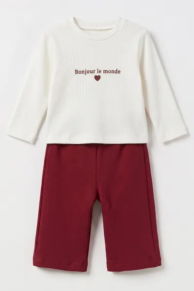 Bordo (1-4 Yaş)Waffle Badili Kapüşonlu Peluş Hırkalı Alt Şardonlu Kız Çocuk&Bebek 3'lü Takım 495186