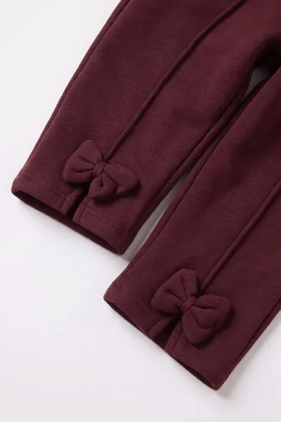 Bordo (1-5 Yaş) Çiçek Fiyonklu Baskılı 3 İp Şardonlu Kız Çocuk Kışlık Takım 487842