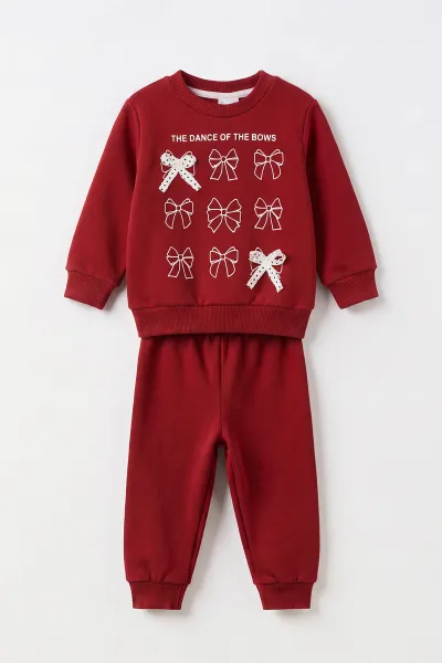 Bordo (1-5  Yaş) Fiyonk Baskılı  3 İp Şardonlu Kız Çocuk Kışlık Takım 499628